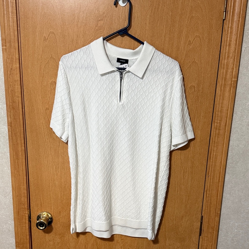 Express Men’s LT Textured Diamond Geo Cotton-Blend Short Sleeve Sweater Polo-NEW